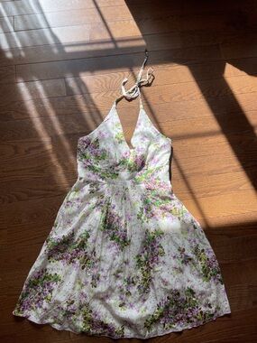 White Floral Halter Sundress with Purple & Green Print